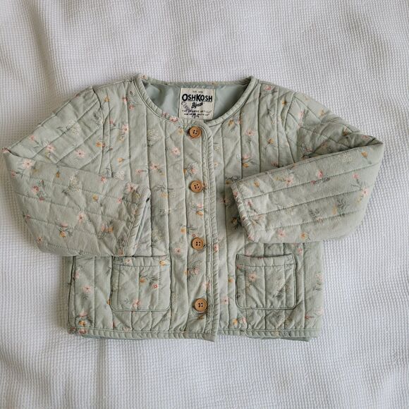 OSHKOSH B’GOSH Light Green Floral Chore Coat Size 4T Quilted Lined Adorable